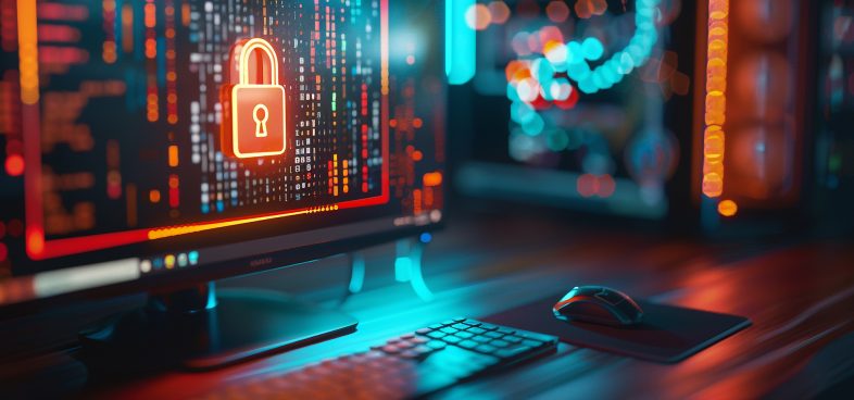 A computer screen displaying a digital padlock symbol on a graphical interface, indicative of cybersecurity, with a keyboard and mouse in the foreground, illuminated by ambient blue and red lighting.