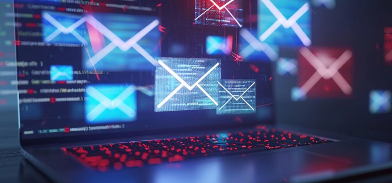 Laptop with a digital screen overlay showing multiple open email windows and fluctuating graph lines, symbolizing active online communication and data analysis.