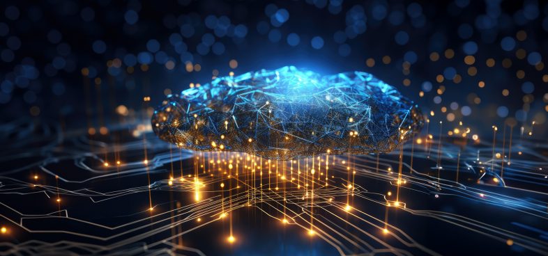 Digital illustration of a glowing blue brain floating above a network of interconnected golden lines and points, symbolizing neural connections and artificial intelligence on a dark background with blue highlights.