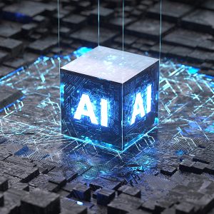 Pictorial representation of securing GenAI. A glowing cube labeled "AI" centrally positioned on a circuit board with intricate electronic connections and blue lighting.