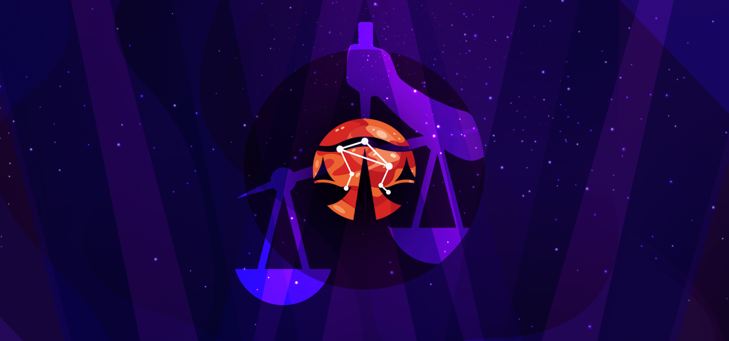 Pictorial representation of Muddled Libra (Scattered Spider). Illustration of a zodiac symbol Libra represented by scales, set against a cosmic purple background with stars.
