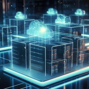 Pictorial representation of Azure OpenAI DNS resolution issue. Futuristic cityscape illustration with luminous structures and floating cloud elements, showcasing advanced technology and a dynamic, digitally enhanced environment.