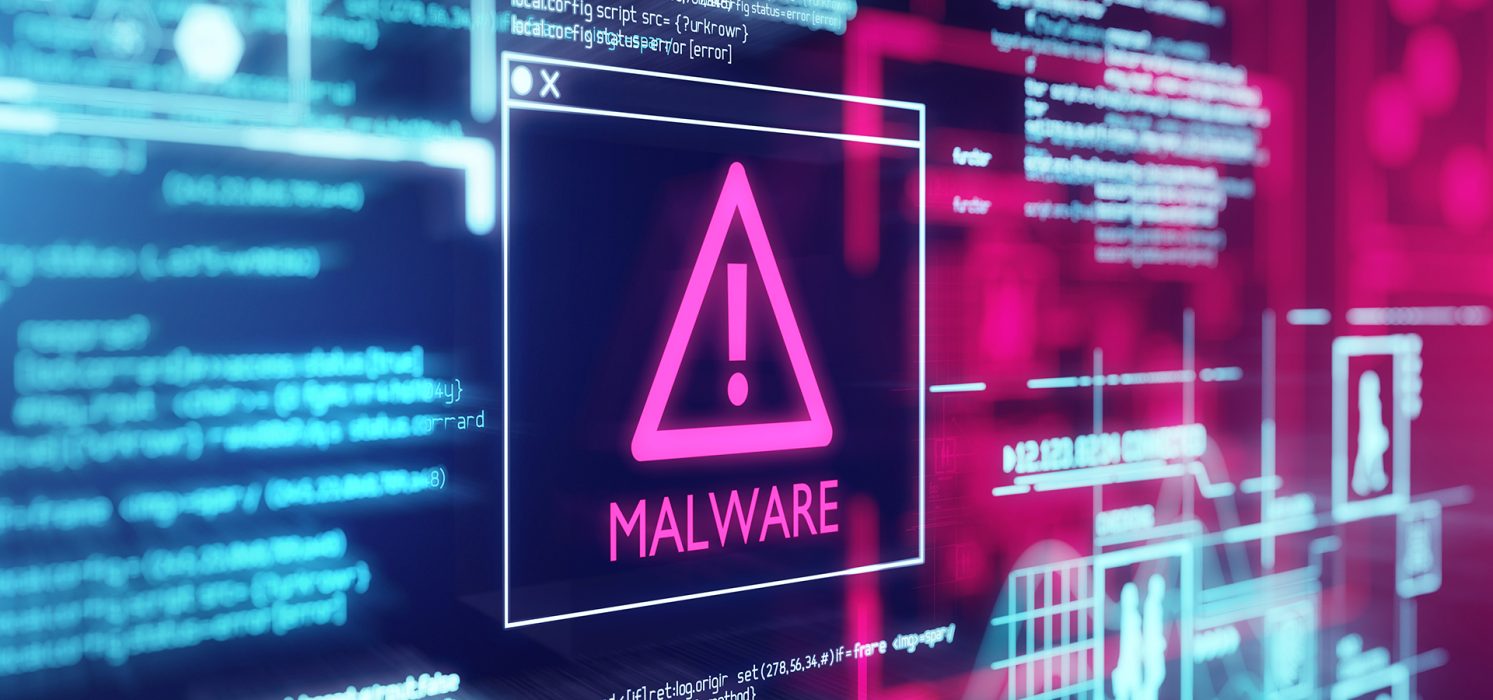 Pictorial representation of SLOW#TEMPEST campaign. Digital artwork depicting a malware alert symbol on a computer screen, with background of blurred programming code in blue and red colors.