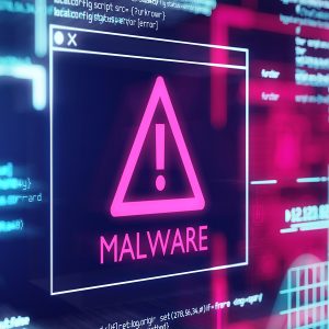 Pictorial representation of SLOW#TEMPEST campaign. Digital artwork depicting a malware alert symbol on a computer screen, with background of blurred programming code in blue and red colors.