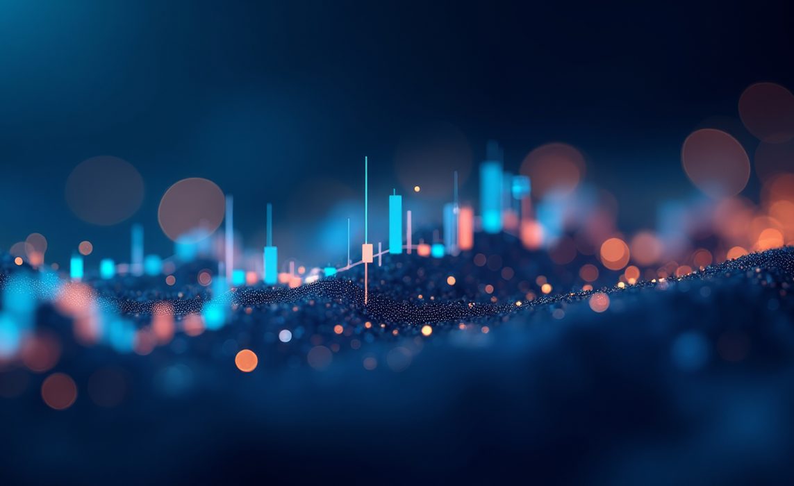 Pictorial representation of logit-gap steering and LLMs. Abstract digital artwork featuring a cityscape silhouette with glowing blue and orange lights, set against a bokeh background.