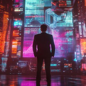 Pictorial representation of a man viewing a brightly illuminated series of buildings.