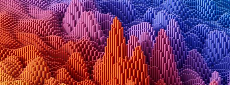 Pictorial representation of Salesforce compromised by attackers. Colorful abstract digital artwork featuring a gradient of red to blue hues with a raised, spike-like texture pattern resembling a city skyline.