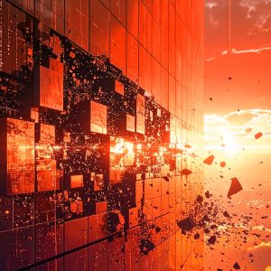 Pictorial representation of multiple vulnerabilities affecting Cisco products. A dramatic image of a building's glass facade shattering against a backdrop of a vivid orange and red sunset sky over a city skyline.