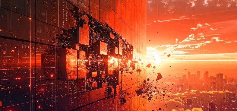 Pictorial representation of multiple vulnerabilities affecting Cisco products. A dramatic image of a building's glass facade shattering against a backdrop of a vivid orange and red sunset sky over a city skyline.