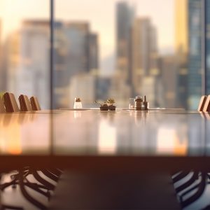 A board room against a backdrop of windows showing a cityscape.