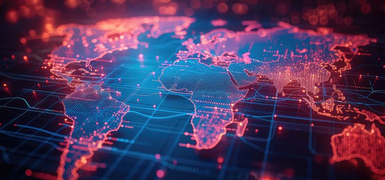 Pictorial representation of a wide-scale SEO poisoning campaign. A digital illustration of a world map in a network style, highlighting continents with glowing lines and connectivity points in a red and blue theme.