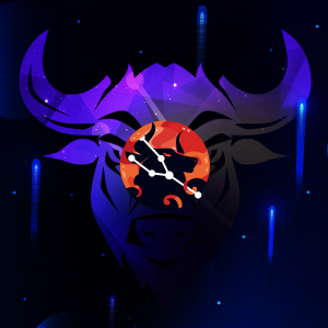 Pictorial representation of APT Phantom Taurus. The silhouette of a bull facing the reviewer and the Taurus constellation inside an orange abstract planet. Abstract, stylized cosmic setting with vibrant blue and purple shapes, representing space and distant planetary bodies.