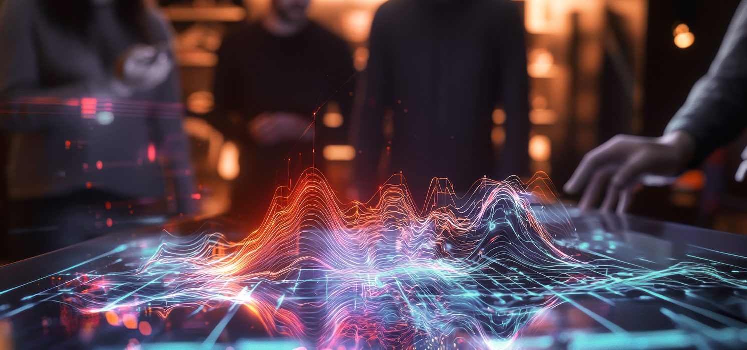 Pictorial representation of supply chain attacks. A group of people interacting with a dynamic 3D holographic display of colorful, undulating data waves on a table.