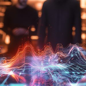 Pictorial representation of a group of people interacting with a dynamic 3D holographic display of colorful, undulating data waves on a table.