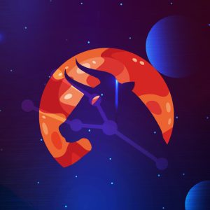Pictorial representation of APT Stately Taurus. The silhouette of a bull and the Taurus constellation inside an orange abstract planet. Abstract, stylized cosmic setting with vibrant blue and purple shapes, representing space and distant planetary bodies.