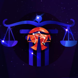 Pictorial illustration of Bling Libra on a purple, starry background with orange highlights.