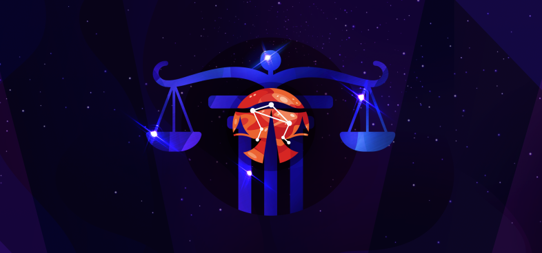 Pictorial illustration of Bling Libra on a purple, starry background with orange highlights.