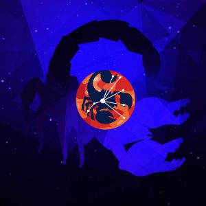 Pictorial representation of APT Ignoble Scorpius. The silhouette of a scorpion and the Scorpius constellation inside an orange abstract planet. Abstract, stylized cosmic setting with vibrant blue and purple shapes, representing space and distant planetary bodies.