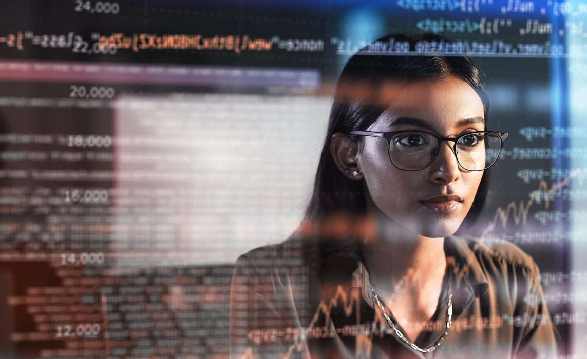 Pictorial representation of a woman analyzing a display with code, graphs, and various other characters.