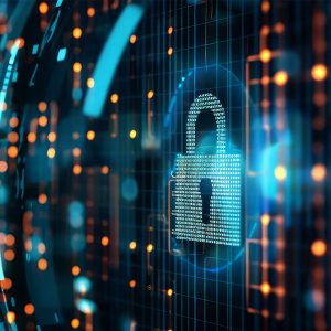Pictorial representation of CVE-2025-59287. Digital image of a glowing padlock symbol representing cybersecurity on a network grid with blue and orange lights.