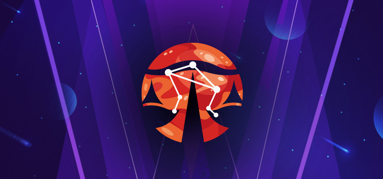 Pictorial illustration of the libra sign on a purple, starry background with orange highlights.