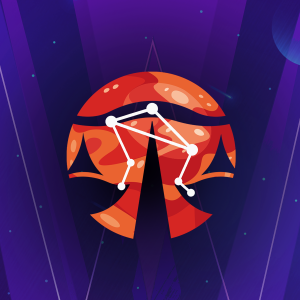 Pictorial illustration of the libra sign on a purple, starry background with orange highlights.