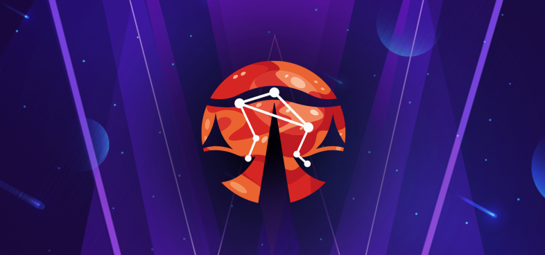 Pictorial illustration of the libra sign on a purple, starry background with orange highlights.