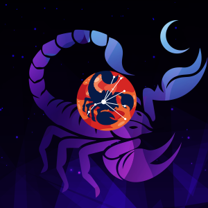 Pictorial representation of APT Howling Scorpius. The silhouette of a scorpion and the Scorpius constellation inside an orange abstract planet. Abstract, stylized cosmic setting with vibrant blue and purple shapes, representing space and distant planetary bodies.