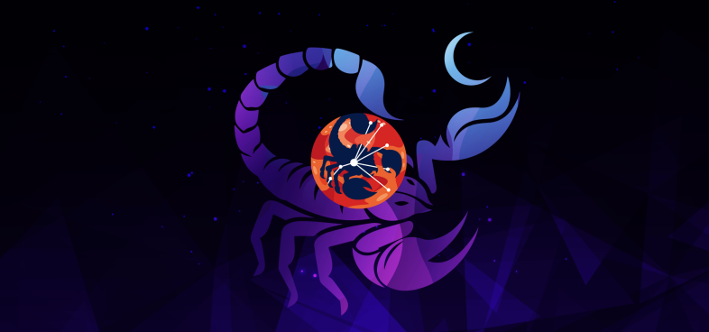Pictorial representation of APT Howling Scorpius. The silhouette of a scorpion and the Scorpius constellation inside an orange abstract planet. Abstract, stylized cosmic setting with vibrant blue and purple shapes, representing space and distant planetary bodies.