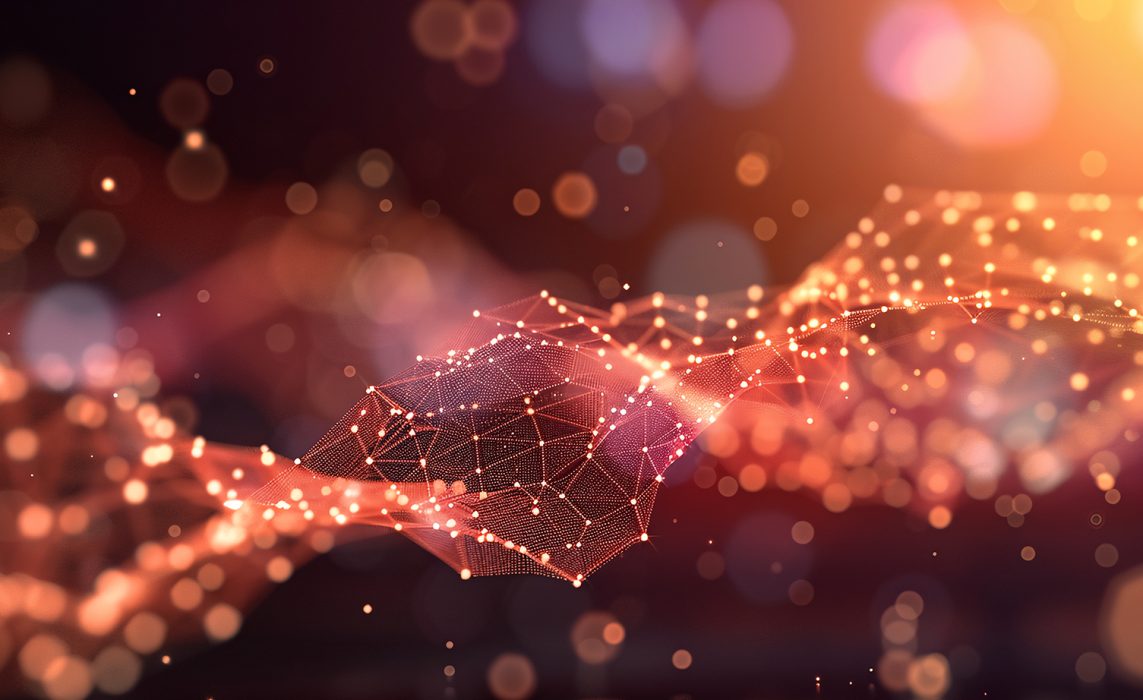 Pictorial representation of a bokeh style graphic showing purple and orange spheres with interconnected white network lines.