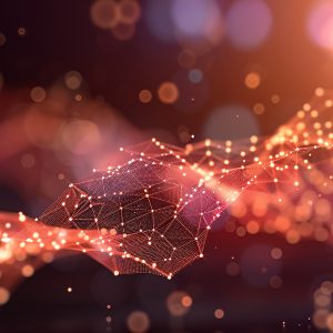 Pictorial representation of a bokeh style graphic showing purple and orange spheres with interconnected white network lines.