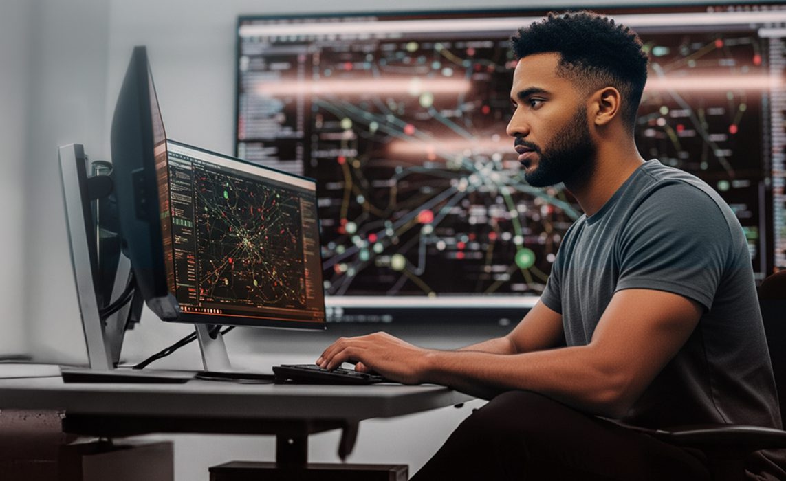 Pictorial representation of a man critically analyzing multiple displays.