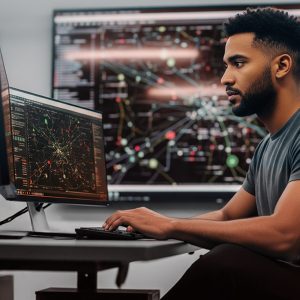 Pictorial representation of a man critically analyzing multiple displays.