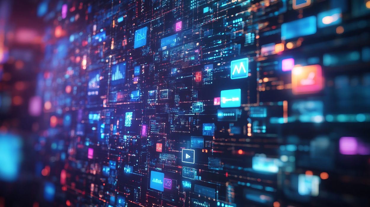 Pictorial representation of malicious LLMs. Close-up view of a digital wall displaying various glowing icons, representing a high-tech network interface.