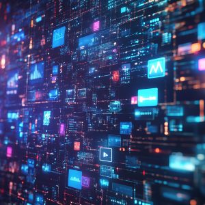 Pictorial representation of malicious LLMs. Close-up view of a digital wall displaying various glowing icons, representing a high-tech network interface.