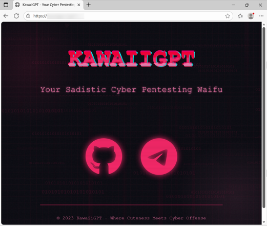 Captura de pantalla de una página web titulada "KawaiiGPT - Your Sadistic Cyber Pentesting Waifu" (KawaiiGPT - Tu sádica Waifu de pentesting cibernético), con dos logotipos sobre un fondo oscuro con acentos de neón rosa. El pie de página indica copyright 2023 KawaiiGPT e incluye el eslogan "Where Cuteness Meets Cyber Offense" (Donde la ternura se encuentra con la ciberofensiva).