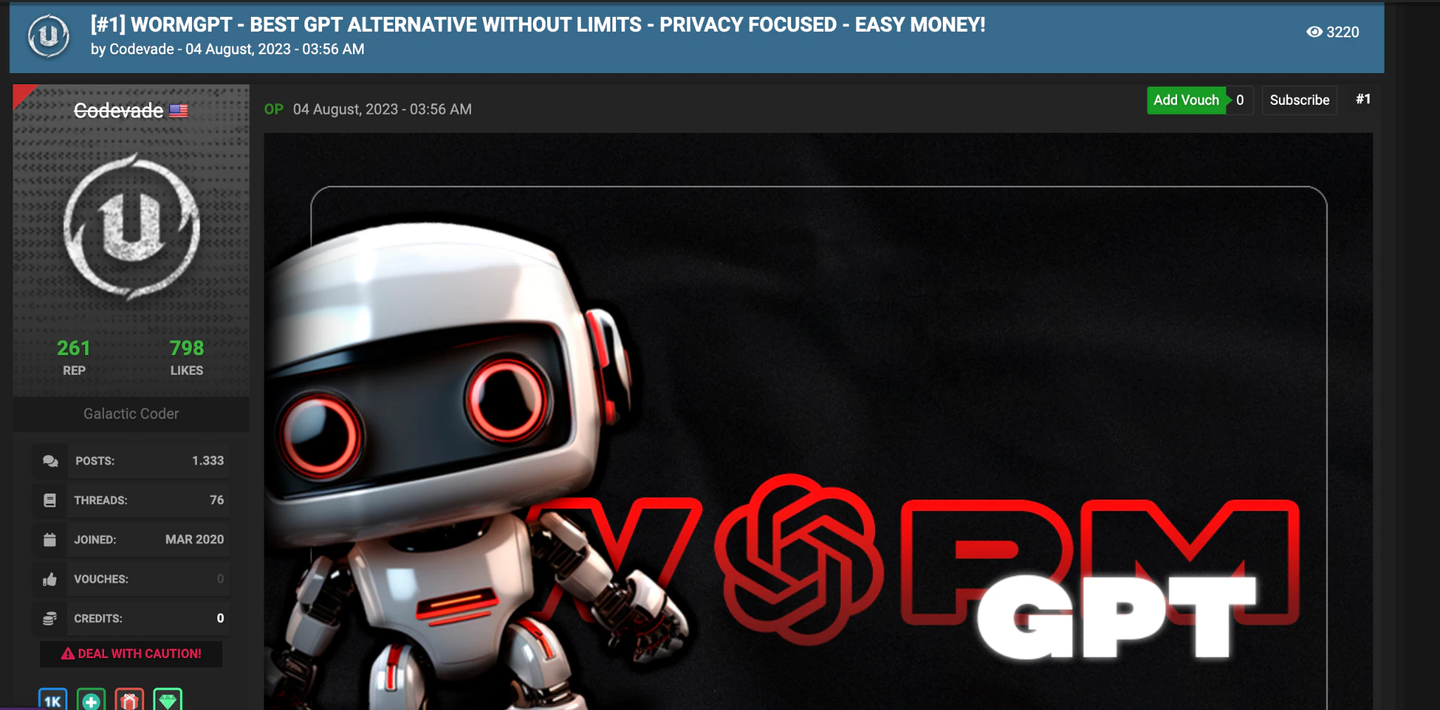 Captura de pantalla de una página de foro que anuncia WormGPT titulada "WORMGPT - BEST ALTERNATIVE WITHOUT LIMITS - PRIVACY FOCUSED - EASY MONEY!" (WORMGPT - LA MEJOR ALTERNATIVA SIN LÍMITES - ENFOCADA EN LA PRIVACIDAD - DINERO FÁCIL), mostrando un personaje robot animado con ojos rojos brillantes junto al logotipo de "WormGPT".
