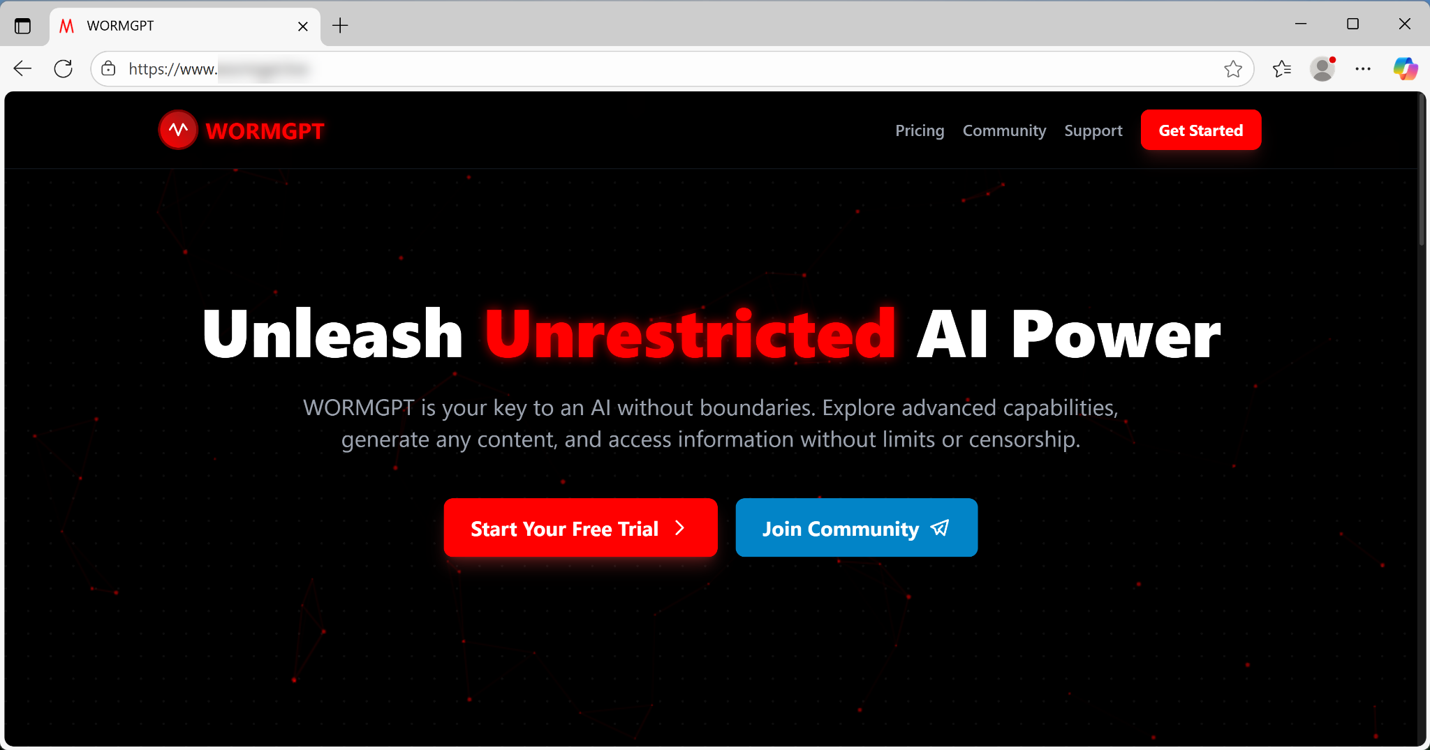 Captura de pantalla de la página de inicio del sitio web de WORMGPT con el eslogan "Unleash Unrestricted AI Power" (Desata el poder de la IA sin restricciones) y opciones para "Start Your Free Trial" (Comenzar prueba gratuita) o "Join Community" (Unirse a la comunidad).