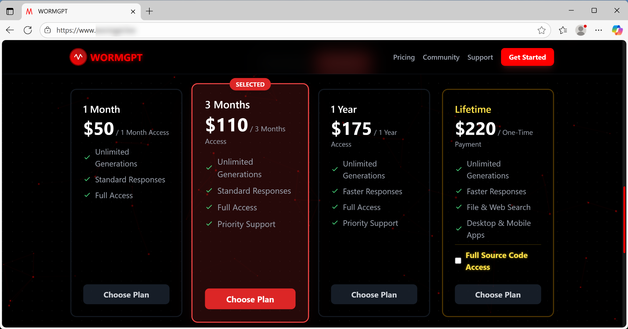 Captura de pantalla del sitio web de WORMGPT mostrando cuatro planes de suscripción titulados $50/mes, $110/3 meses, $175/año y $220 pago único; cada uno ofrece varias características como generaciones ilimitadas, respuestas más rápidas y acceso completo al código fuente, todo resaltado con un esquema de colores rojo y negro.