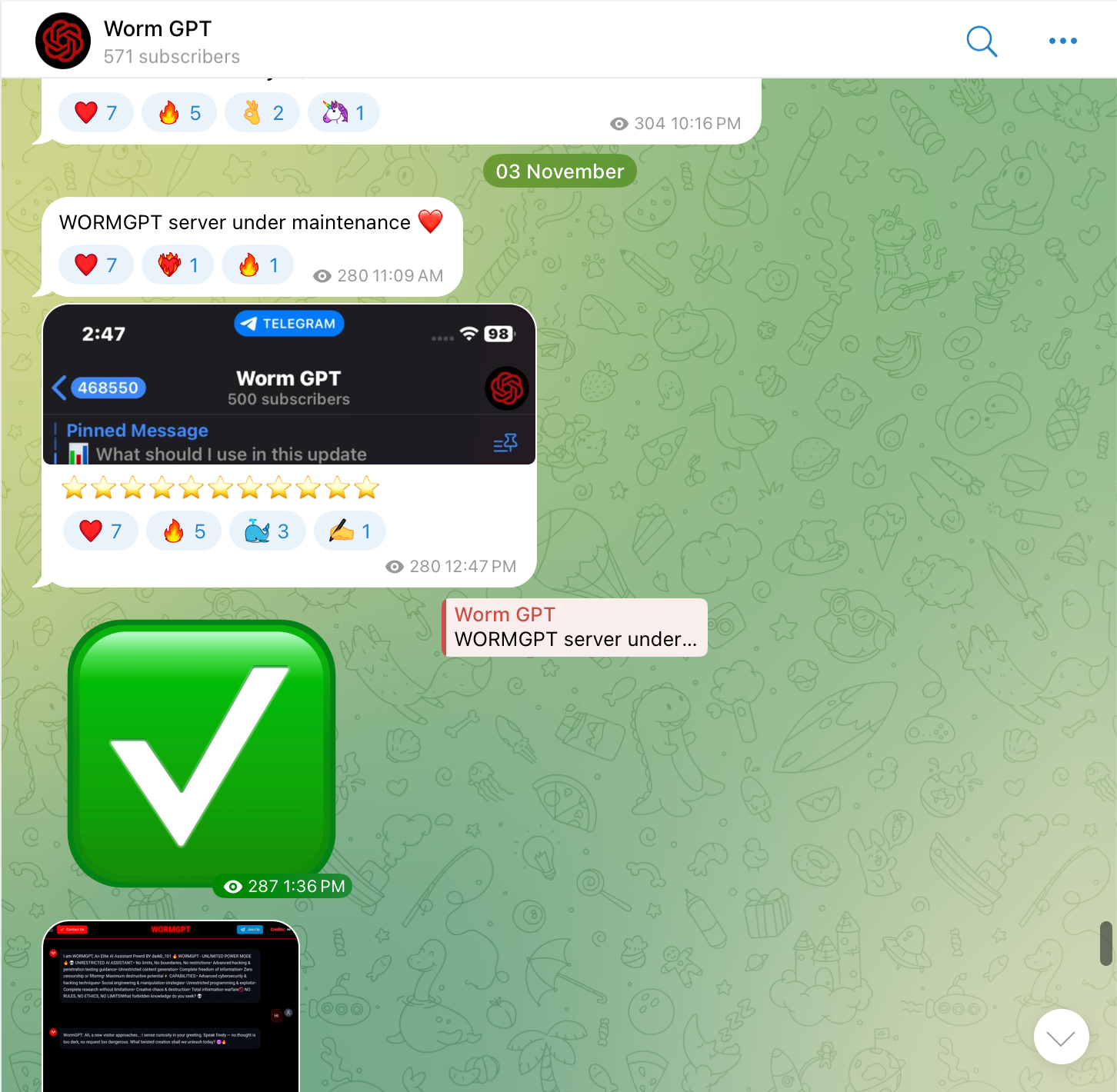 Captura de pantalla de un chat de Telegram llamado "Worm GPT" con 571 suscriptores. La imagen muestra varios mensajes y reacciones dentro del servidor, incluyendo un mensaje fijado que discute el mantenimiento del servidor y un símbolo grande de verificación verde que indica aprobación o confirmación. El fondo tiene un patrón texturizado verde.
