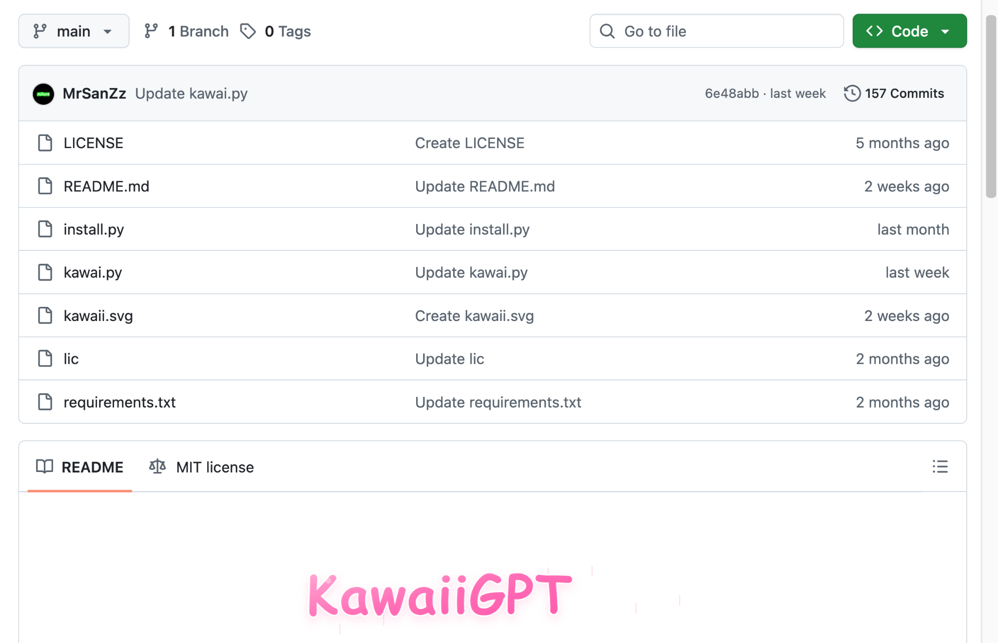Captura de pantalla del repositorio de GitHub "KawaiiGPT" mostrando varios archivos incluyendo README.md, LICENSE, kawaii.py y requirements.txt con detalles de sus últimas actualizaciones y commits.