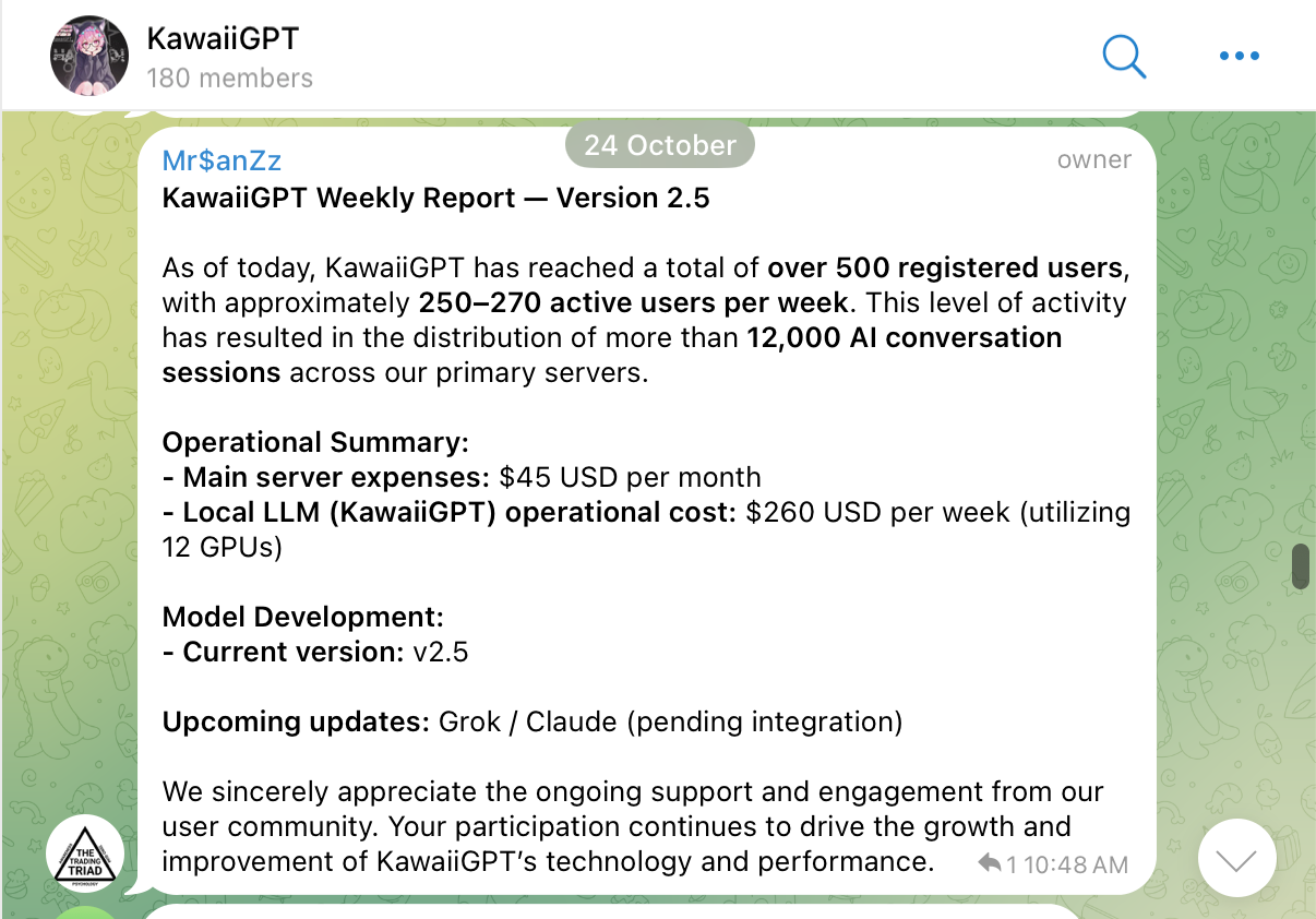Captura de pantalla de un mensaje en línea de Mr$anGz, publicado en el canal de Telegram de KawaiiGPT. El mensaje, titulado "KawaiiGPT Weekly Report – Version 2.5" (Reporte Semanal de KawaiiGPT – Versión 2.5), actualiza sobre la distribución de usuarios, resume los gastos operativos, menciona desarrollos actuales involucrando a "Grok / Claude", y expresa agradecimiento por el apoyo continuo y la participación de la comunidad.
