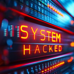 Pictorial representation of CVE-2025-55182 (React) and CVE-2025-66478 (Next.js). Close-up of a digital display on electronic equipment with illuminated text reading "SYSTEM HACKED" in red, set against a blurred background of blue and red lights.