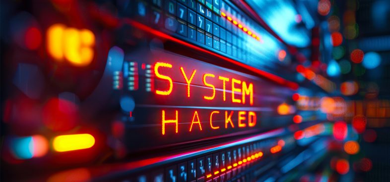 Pictorial representation of CVE-2025-55182 (React) and CVE-2025-66478 (Next.js). Close-up of a digital display on electronic equipment with illuminated text reading "SYSTEM HACKED" in red, set against a blurred background of blue and red lights.