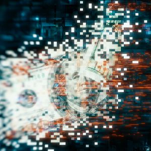 Pictorial representation of 01flip ransomware written in Rust. Digital artwork of a pixelated U.S. dollar bill disintegrating into small blocks against a blue data matrix background.