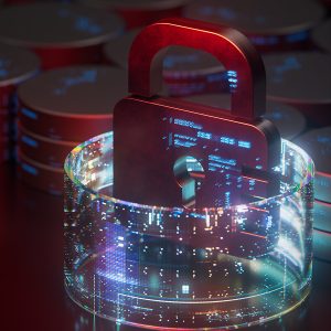 Pictorial representation of RaaS RansomHouse. Digital representation of cybersecurity concept with a padlock superimposed over computer circuit boards, symbolizing data protection and encryption technologies.