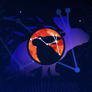 Pictorial representation of APT Ashen Lepus. The silhouette of a hare and the Lepus constellation inside an orange abstract planet. Abstract, stylized cosmic setting with vibrant blue and purple shapes, representing space and distant planetary bodies.